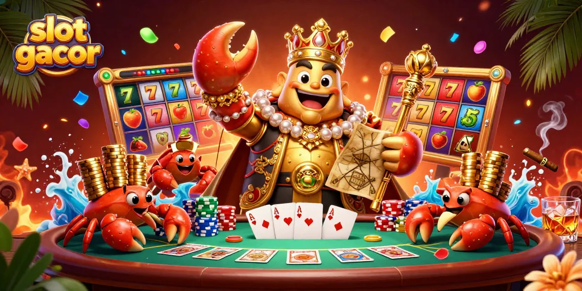 Experience thrilling slot gacor gameplay with a vibrant 3D crab king surrounded by exciting casino elements.