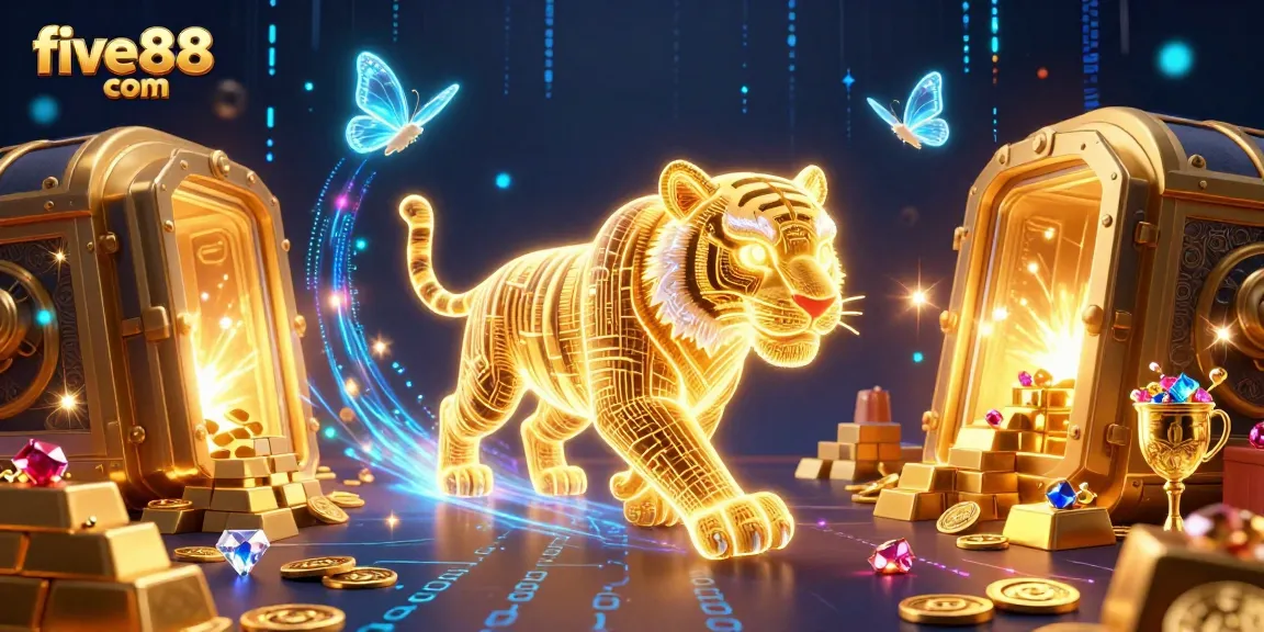Experience thrilling gameplay with five88 com in a dazzling digital casino landscape featuring a glowing golden tiger.