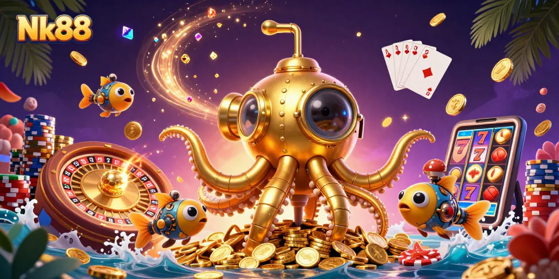 Nk88 casino adventure featuring a golden kraken submarine with treasure, roulette, and slot elements.