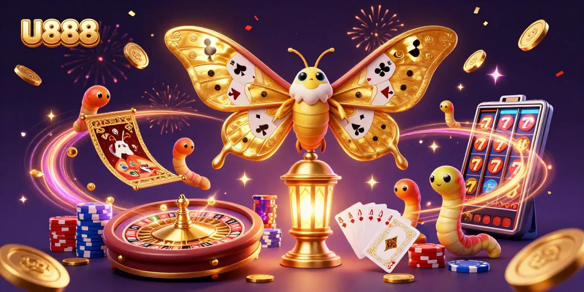 U888 captivates players with dynamic casino scenes featuring an atlas moth and golden elements.