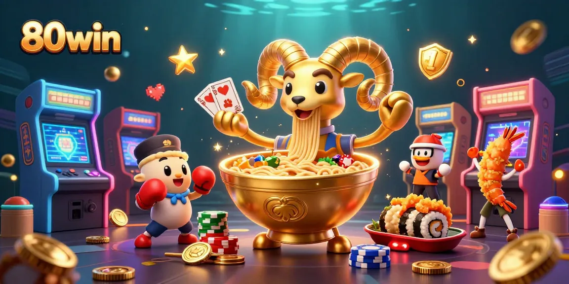 Win big with 80win's vibrant 3D casino illustration featuring unique characters and game elements.