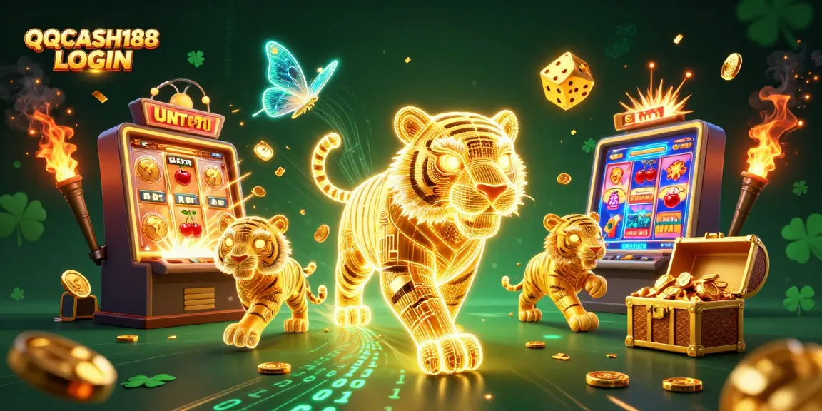Engage with QQCASH188 LOGIN in an electrifying digital casino scene featuring a golden tiger and captivating gameplay elements.