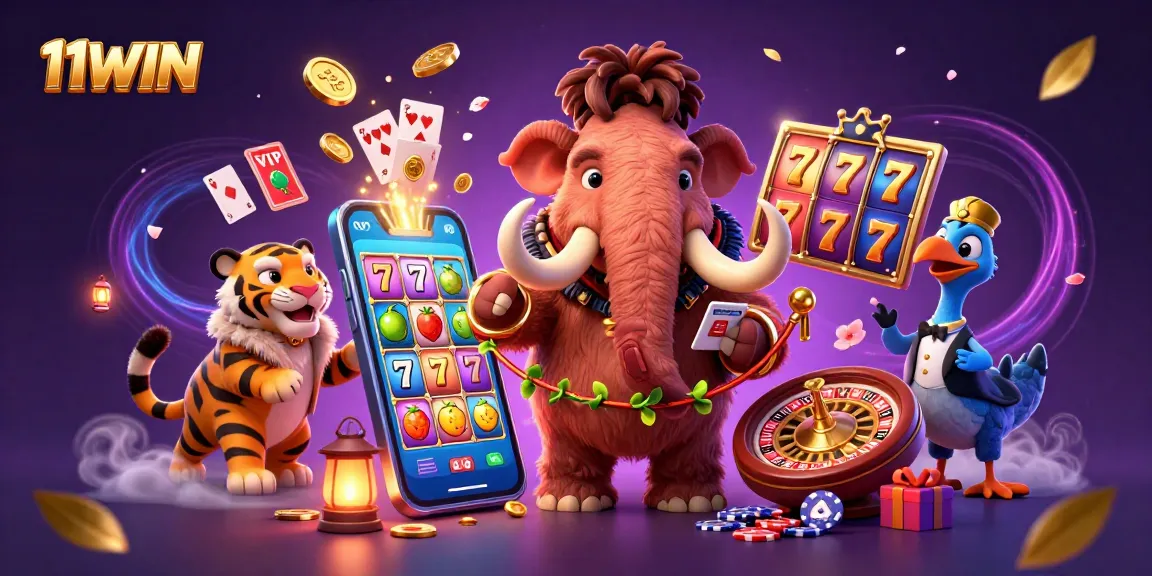 Engage with 11WIN's dynamic casino scene featuring a woolly mammoth checking IDs and vibrant slot game elements.