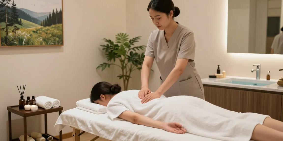 스웨디시 마사지 중인 전문가와 고객의 모습, 현대적이고 아늑한 마사지 스튜디오 환경