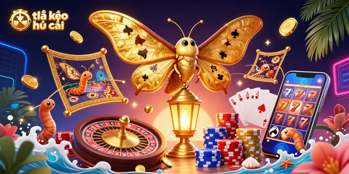 Tỷ lệ kèo nhà cái illustrated in a vibrant casino scene with golden moth and gaming elements.