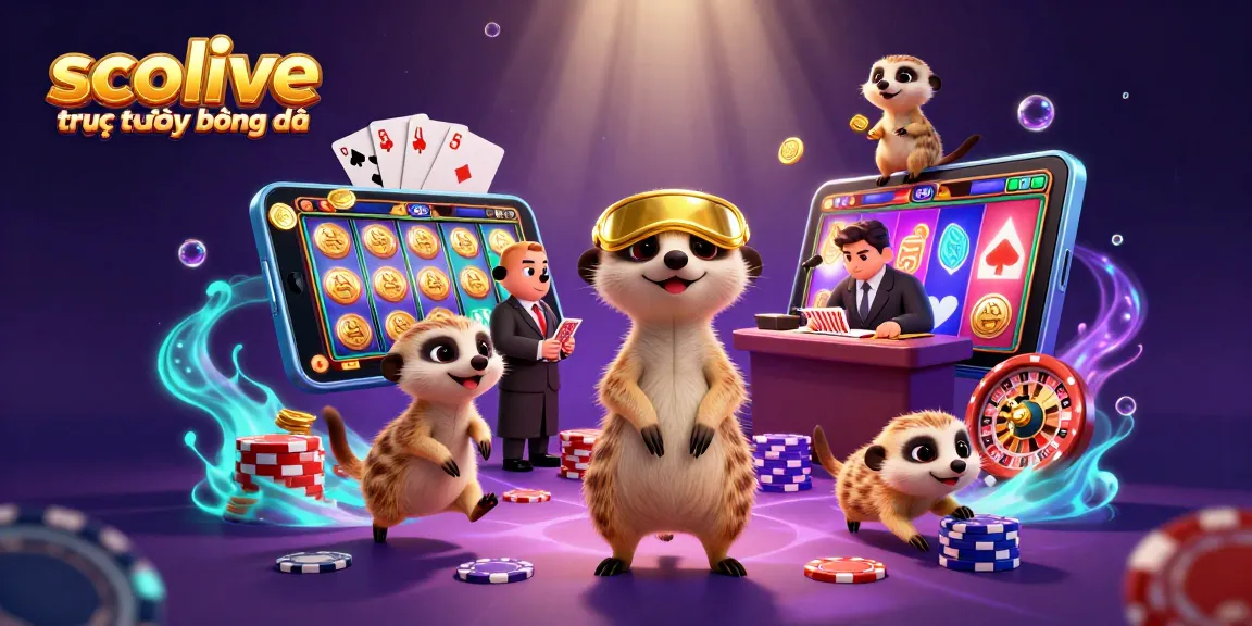 Socolive trực tiếp bóng đá scene illustrating meerkats engaging in vibrant sports betting activities with dynamic gaming elements.