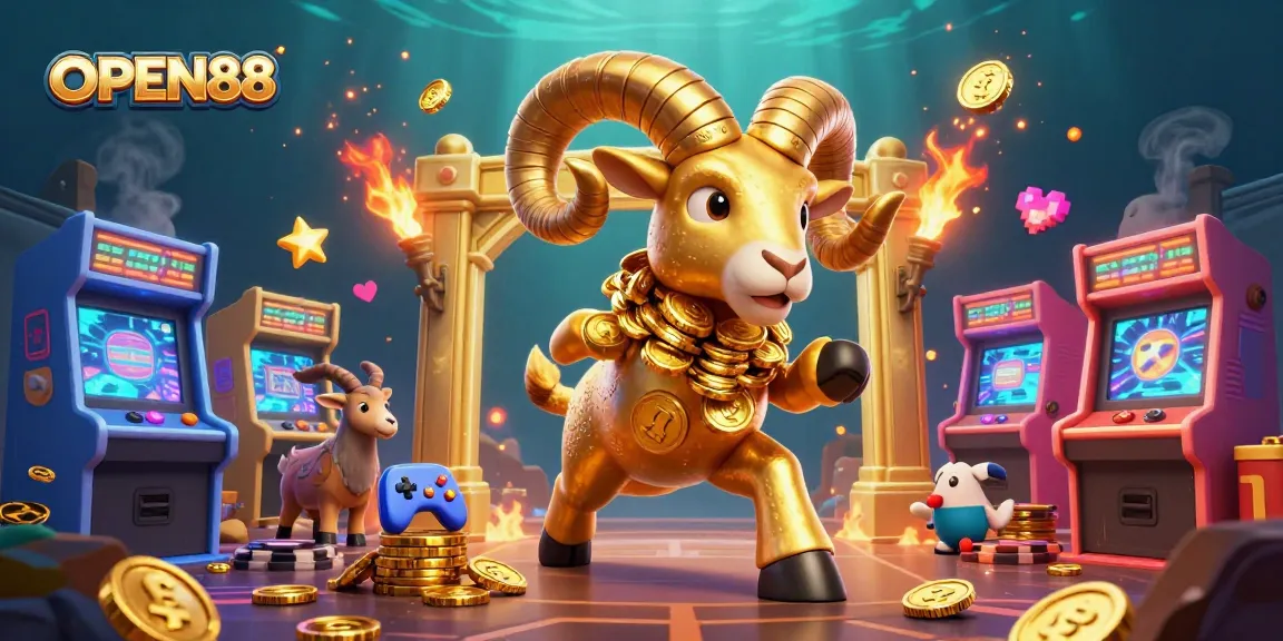 Engage with the thrilling OPEN88 experience, featuring a golden ram charging at a jackpot gate amidst vibrant gaming excitement.