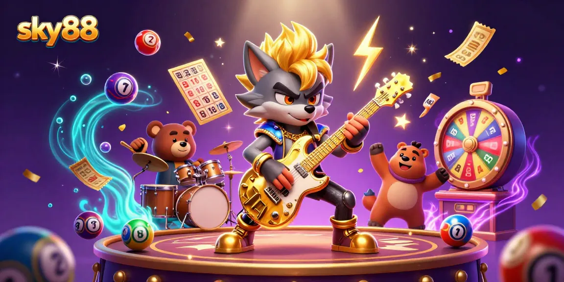 Engage with sky88's vibrant casino experience featuring lottery elements and a dynamic rock star wolf.