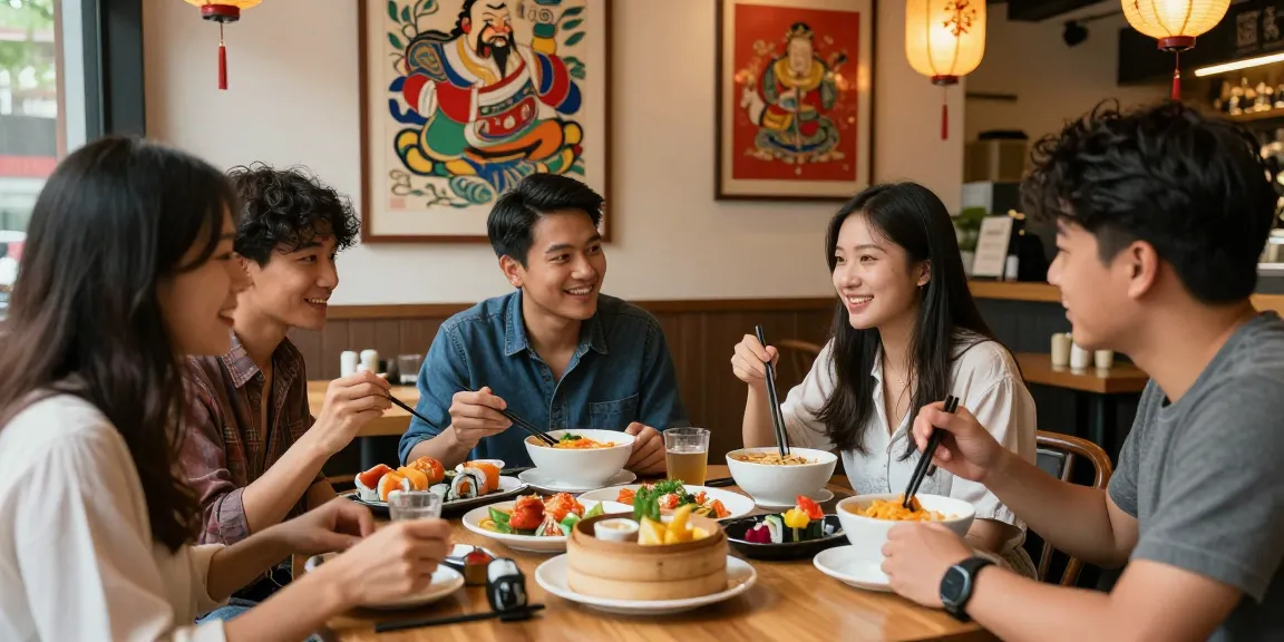 Explore diverse Asian cultures at https://hanadultalk.com with friends enjoying vibrant cuisines in a welcoming café atmosphere.