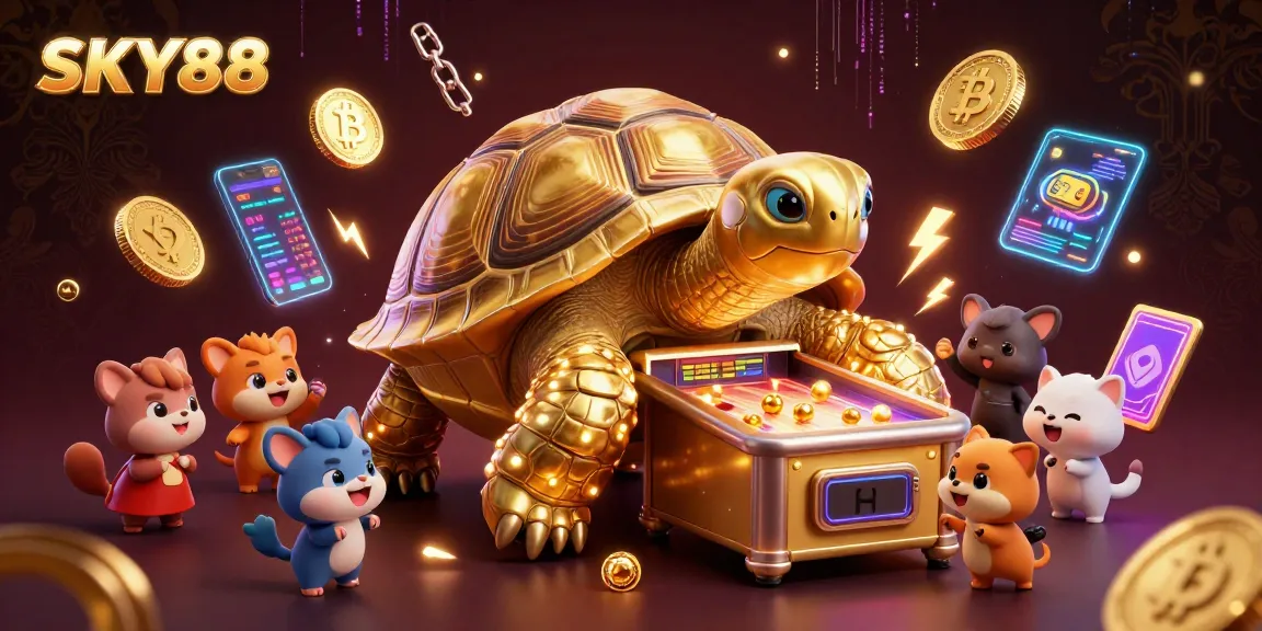 Spin to win at SKY88 with an exciting golden tortoise pinball machine and crypto-themed gameplay!