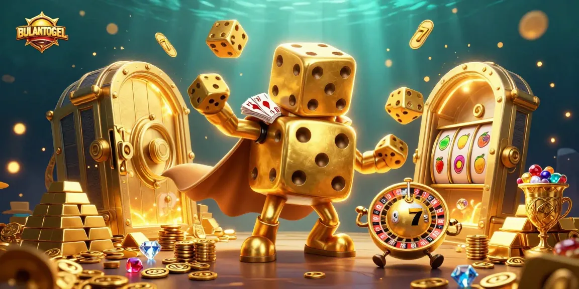 BULANTOGEL showcases a vibrant 3D casino scene featuring a golden dice golem and dynamic slot elements.