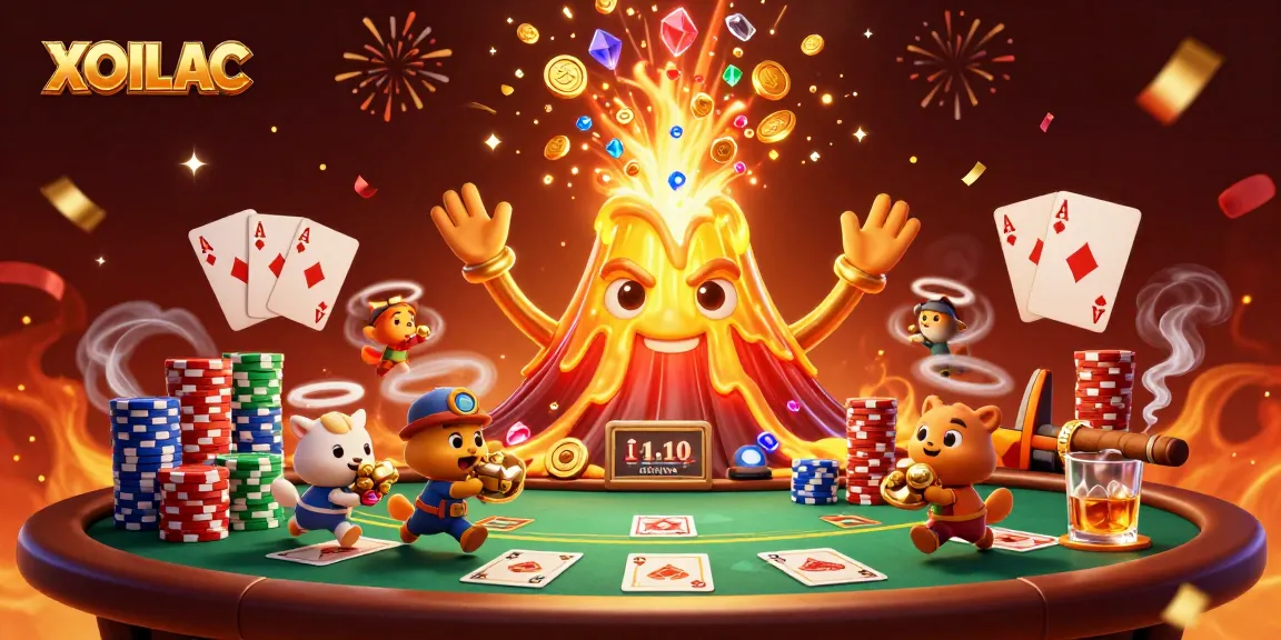 XOILAC showcases a victorious volcano pouring coins and treasure amidst a dynamic poker scene.