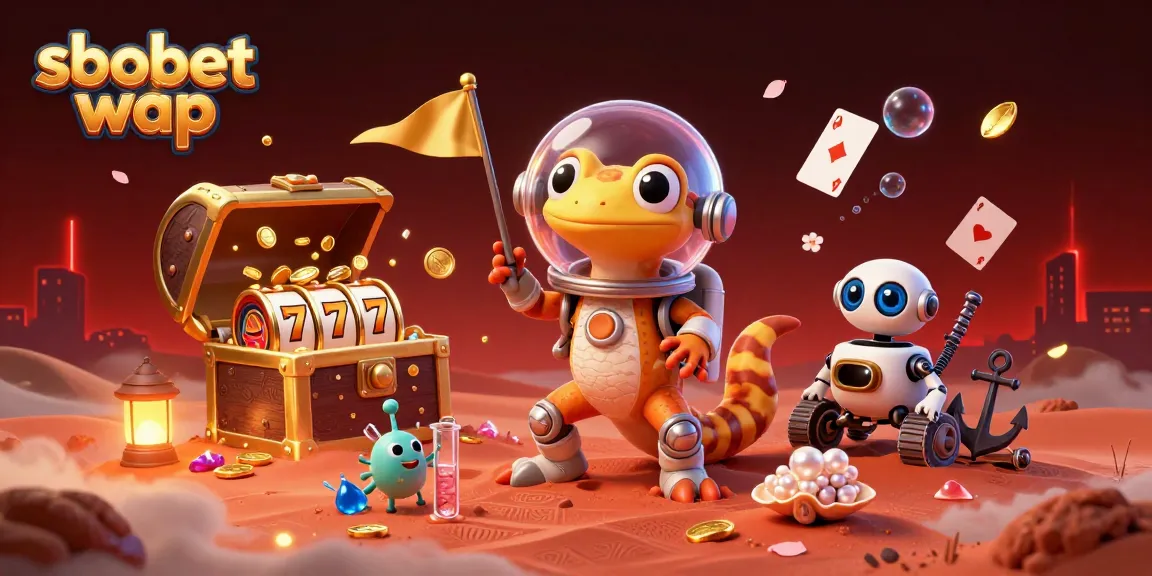 Experience sbobet wap with a cartoon Martian gecko in a golden casino scene filled with treasures.