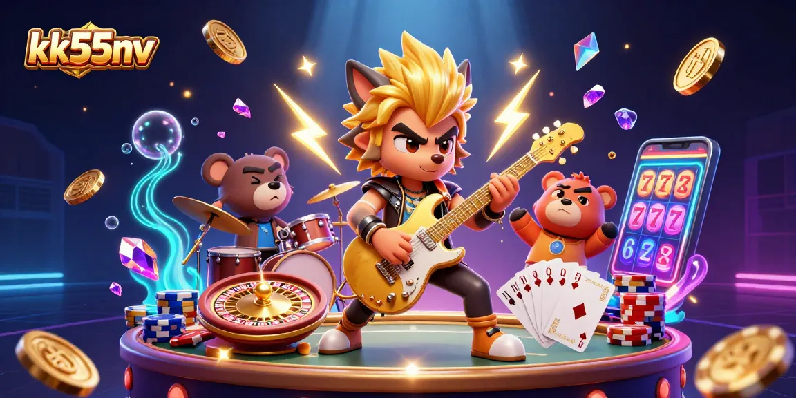kk55nv features a rock star wolf and drummer bear in a vibrant casino scene with golden effects.