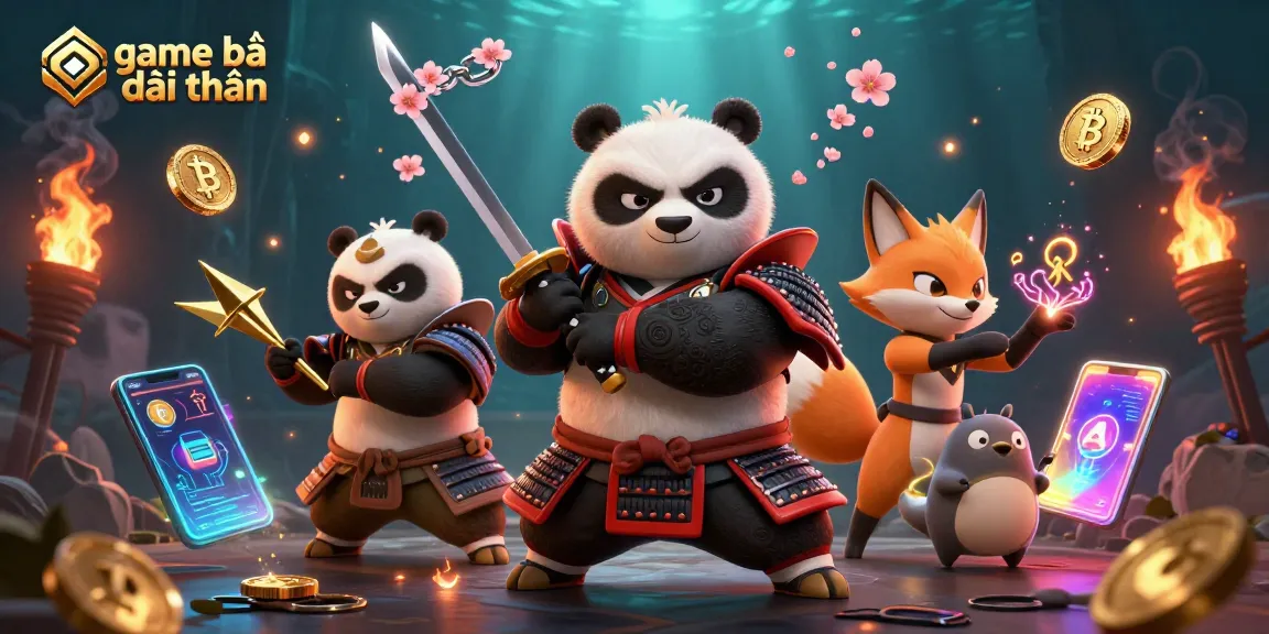 Engage with game bài đổi thưởng in a dynamic scene with a panda samurai, ninja fox, and enchanting tanuki amidst crypto coins.