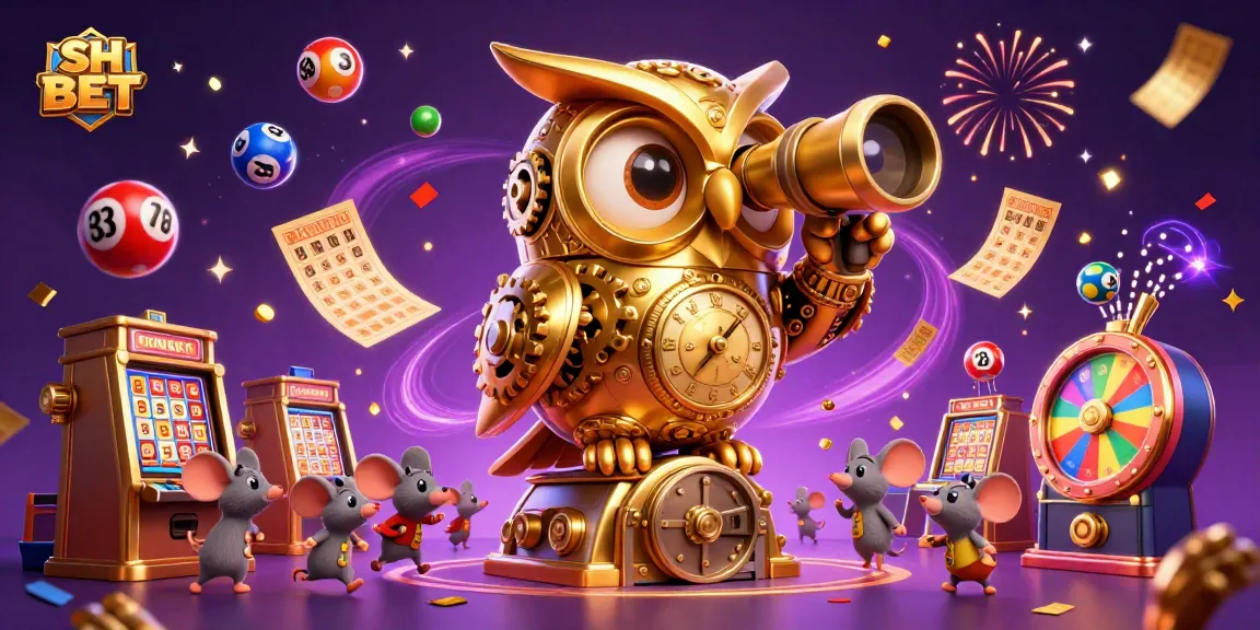 Experience thrilling wins at SH BET with a vibrant illustration of a clockwork owl exploring a lively casino.