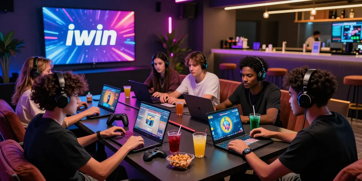 Group of friends enjoying iwin gaming session in a vibrant lounge with LED lights and snacks.