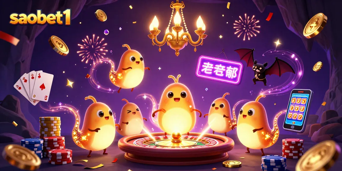 Experience saobet1's vibrant slot machine casino atmosphere with golden coins and glowing offerings.