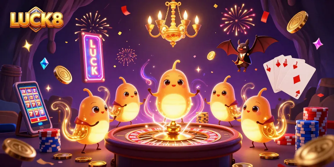 Join the excitement at LUCK8 with an immersive casino scene featuring glowworms and a bat dealer.