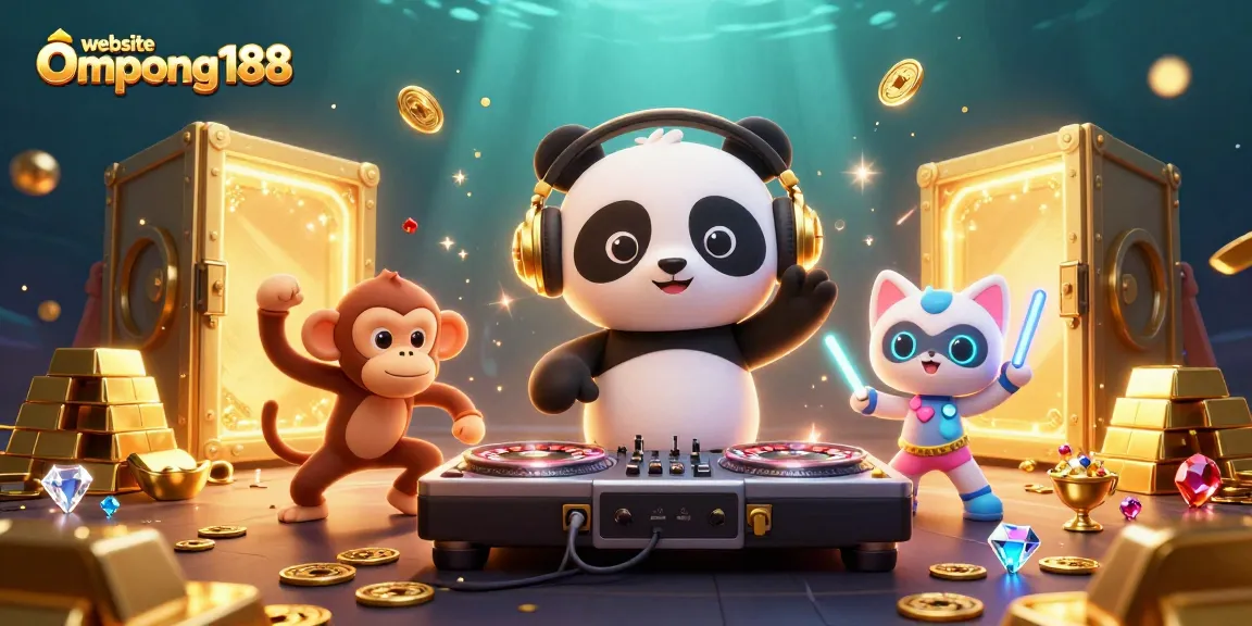 Gambarlah momen menarik di website Ompong188 saat DJ panda 3D menghibur dengan kasino bertema penuh warna.