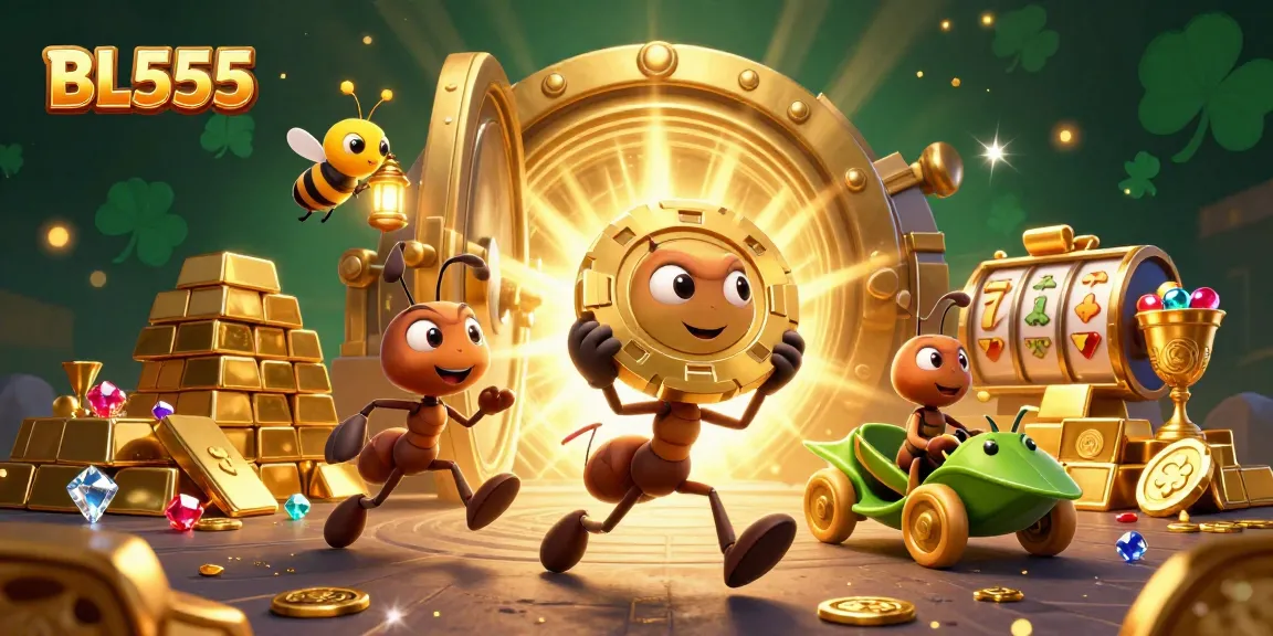 Experience the excitement at BL555 as colorful ants carry a giant poker chip amidst dazzling casino treasures.