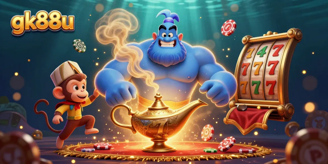Engage in thrilling casino gameplay with gk88u's lively 3D illustration of a genie, poker chips, and dynamic slot reels.