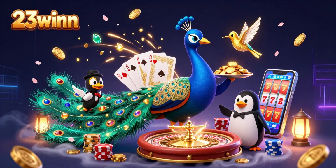 Enhance your experience with 23winn's vibrant casino atmosphere featuring a dazzling peacock and penguin serving golden chips.