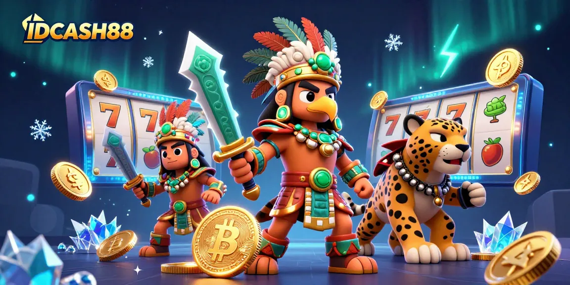 Experience thrilling jackpots at IDCASH88 with dynamic 3D visuals, showcasing Aztec warriors and exciting slot reels.