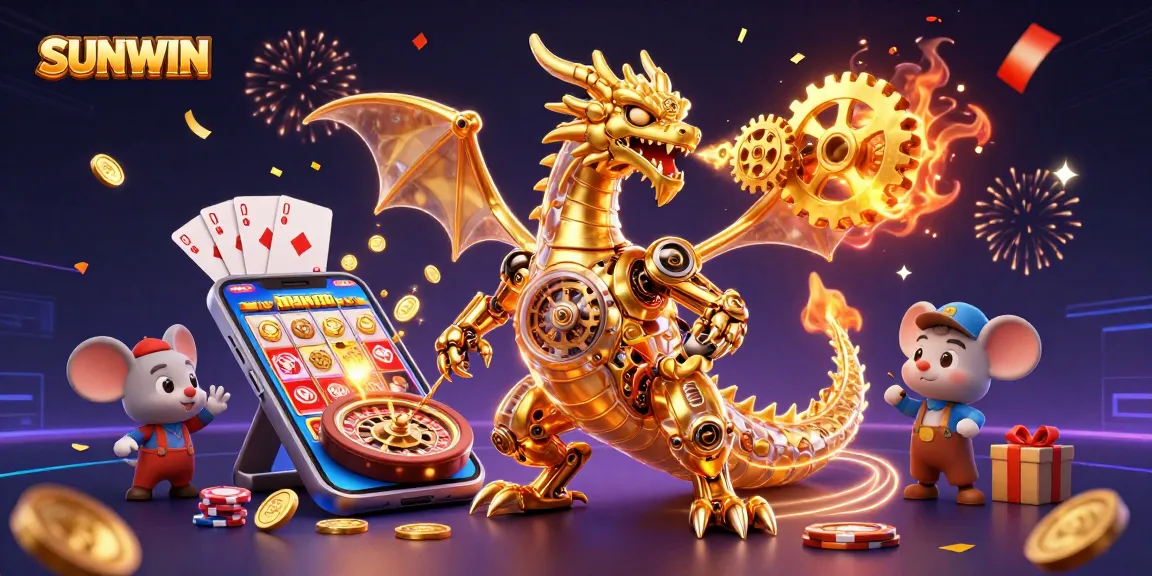 SUNWIN showcases an enchanting 3D casino scene with a golden dragon and gaming elements.