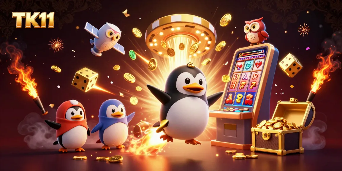 TK11 penguin soaring through a casino universe, surrounded by dynamic gaming elements and golden rewards.