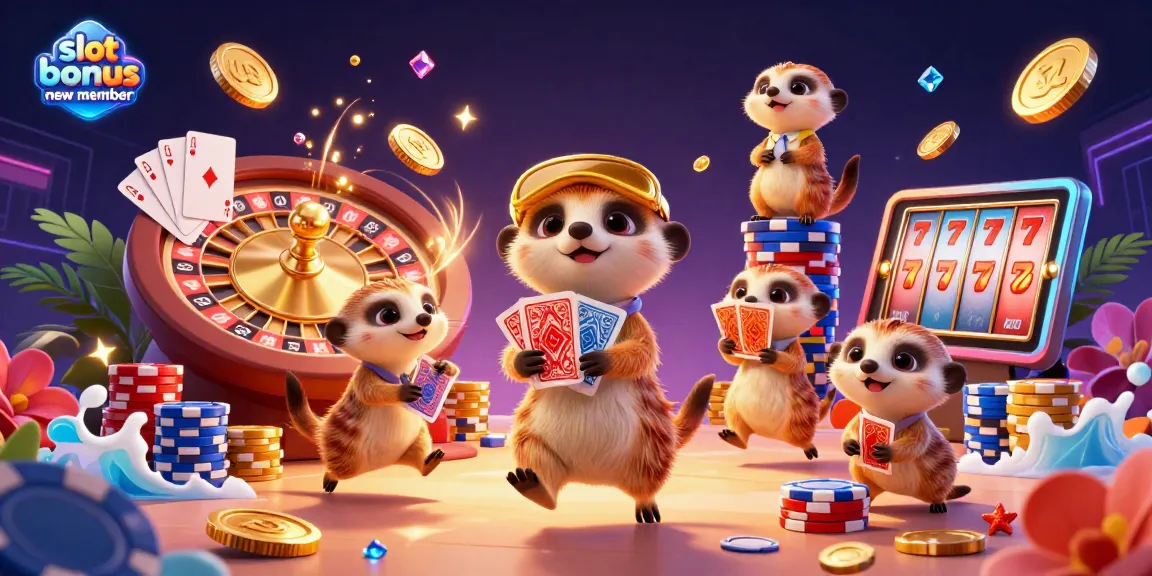 Experience the excitement of a slot bonus new member at this lively casino scene with meerkats.