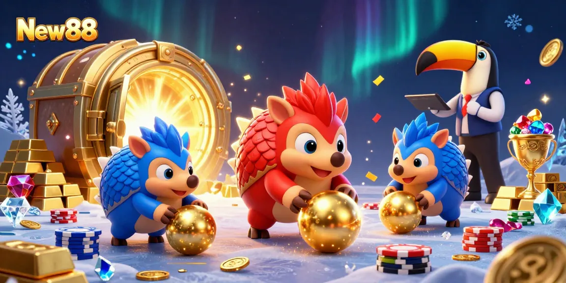 New88 pangolins bowling through poker chips, vibrant 3D illustration full of action.