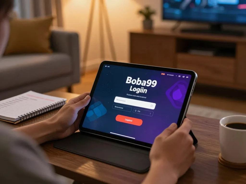 Login Boba99 dengan tablet di pengaturan permainan rumah yang nyaman, menampilkan antarmuka kasino online.