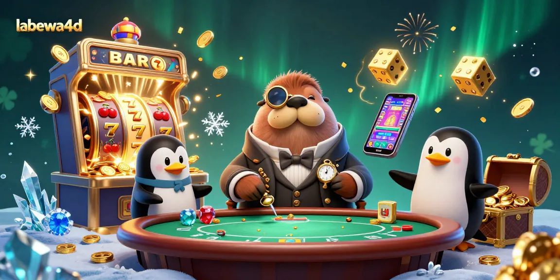 Permainan labewa4d dengan walrus jolly dan dealer penguin dalam ilustrasi kasino 3D yang menarik