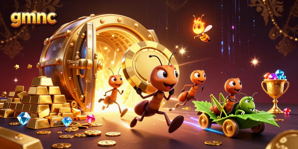 Ants carrying a massive golden poker chip through a tunnel in a gmnc casino heist scene.
