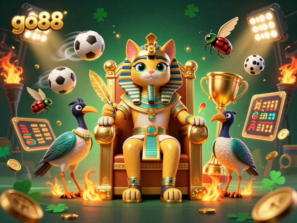 Engage with go88's vibrant casino world featuring a pharaoh cat and sports betting elements.