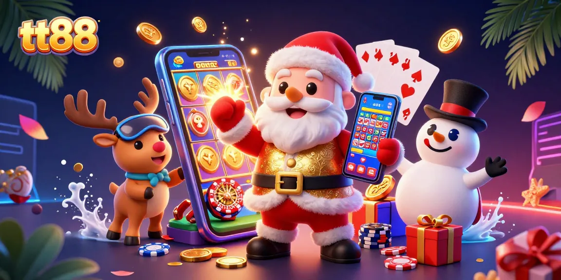 Experience thrilling jackpots with tt88 at an enchanting casino scene featuring Santa, a reindeer dealer, and a snowman!