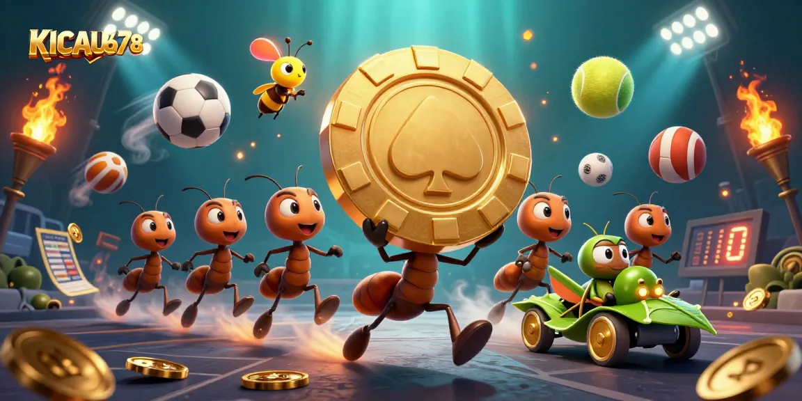 KICAU678 captures a dynamic scene of ants heisting a giant poker chip amidst flying sports balls and golden trophies.
