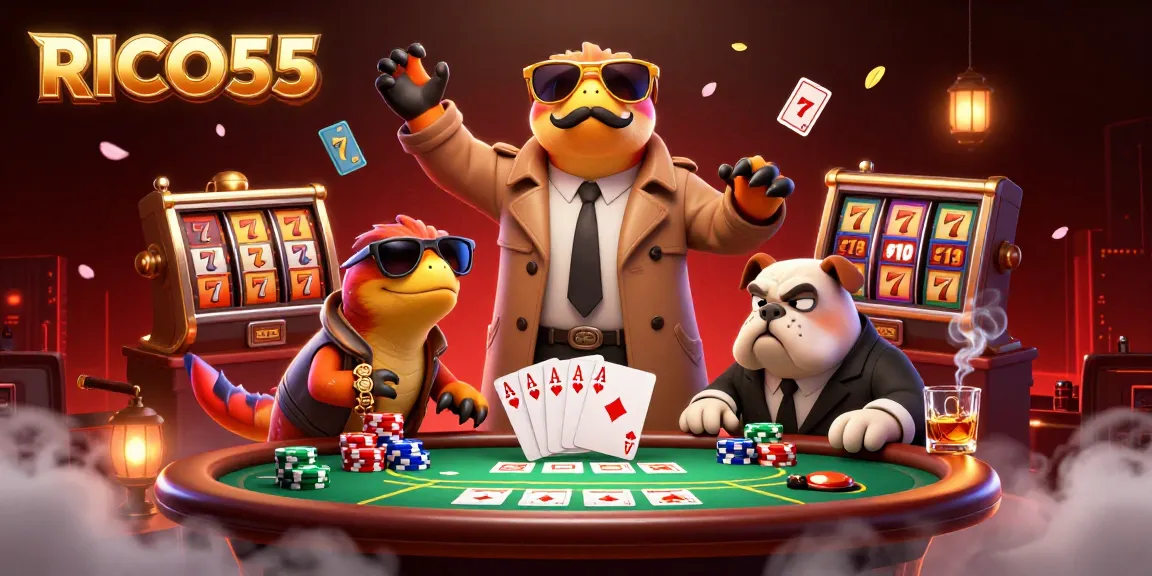 RICO55 showcases animated raptors hilariously attempting to enter a VIP casino lounge amidst vibrant gambling elements.