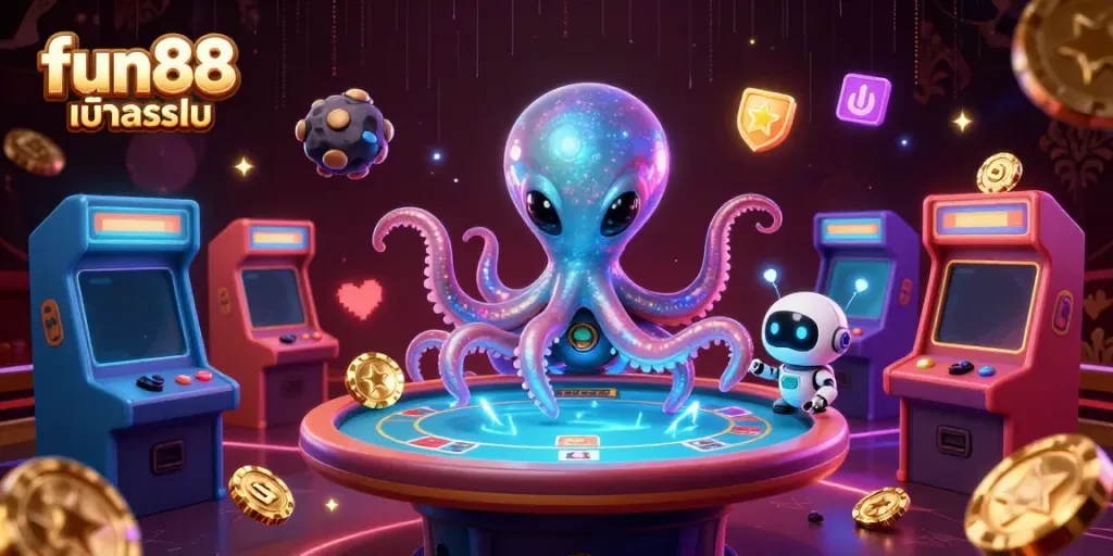 Engage in fun88 เข้าระบบ with a 3D alien octopus managing an immersive poker experience amidst vibrant gaming elements.