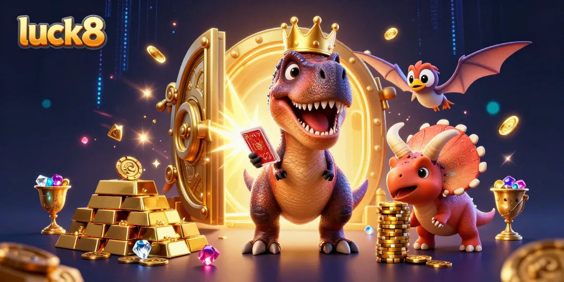 Engage in luck8 fun with friendly dinosaur characters shuffling cards and stacking chips amidst riches.
