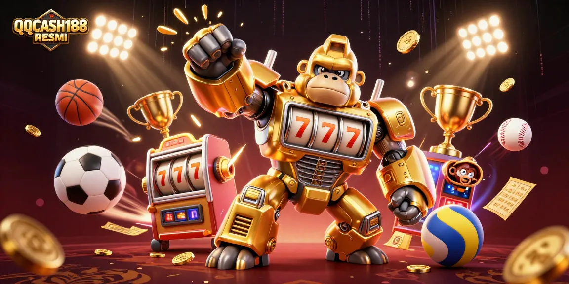 Engage in thrilling gameplay at QQCASH188 RESMI with a dynamic golden gorilla mech and sports elements.