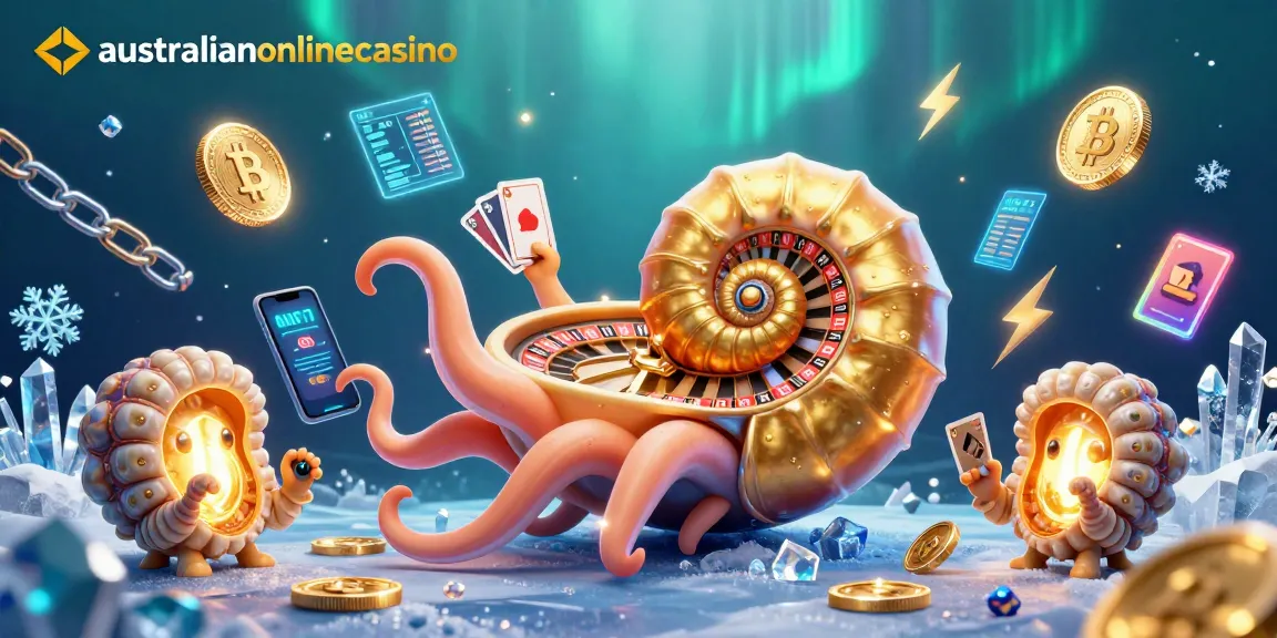 Engage with the vibrant world of australianonlinecasino featuring a giant nautilus and cryptocurrency elements.