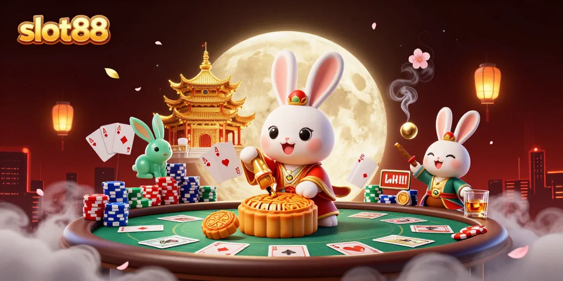 Menangkan jackpot di slot88 dengan gambar animasi kelinci bulan mengejar kartu poker.