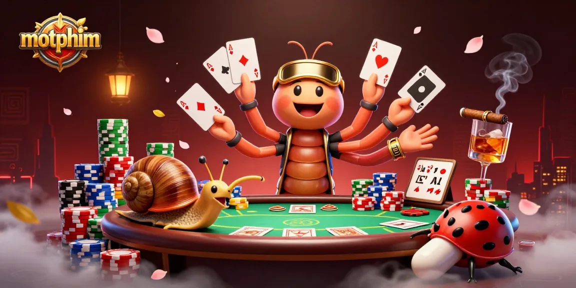 Engage with motphim's vibrant gaming scene as a millipede dealer shuffles cards in a dynamic casino atmosphere.