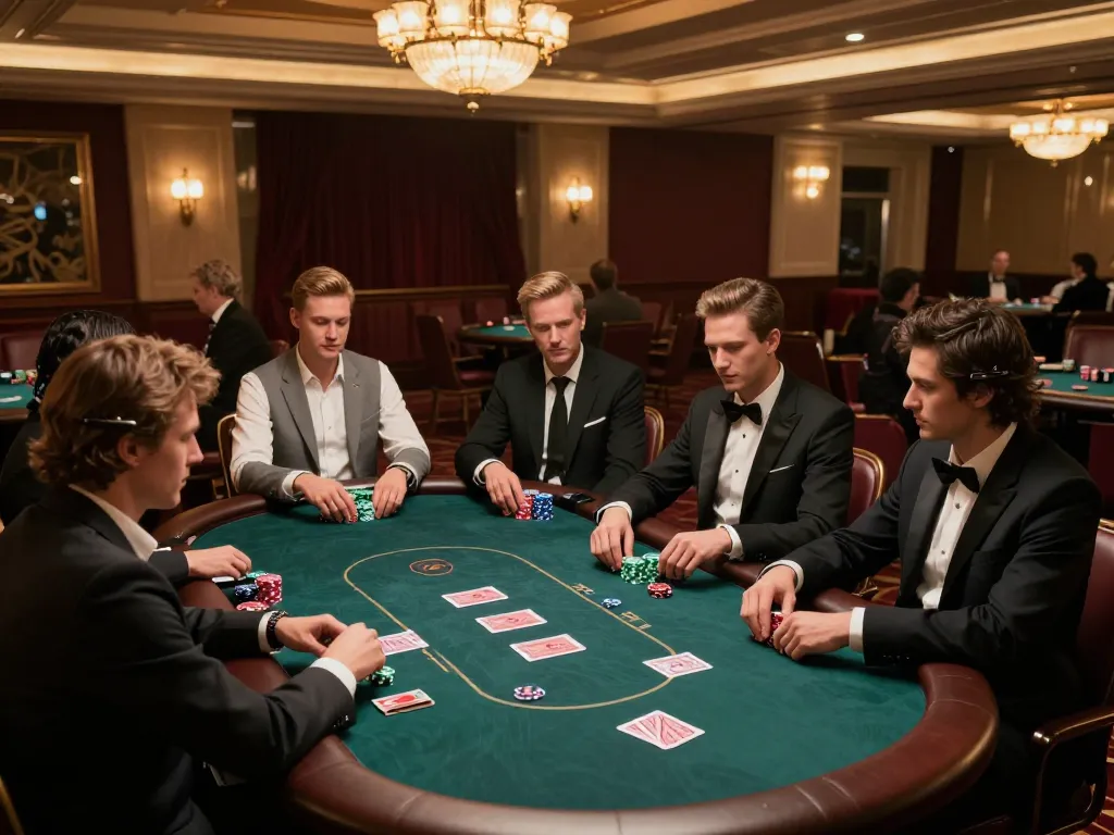 Players at the poker table strategizing their bets in a luxurious casino setting, featuring sc88 gameplay dynamics.