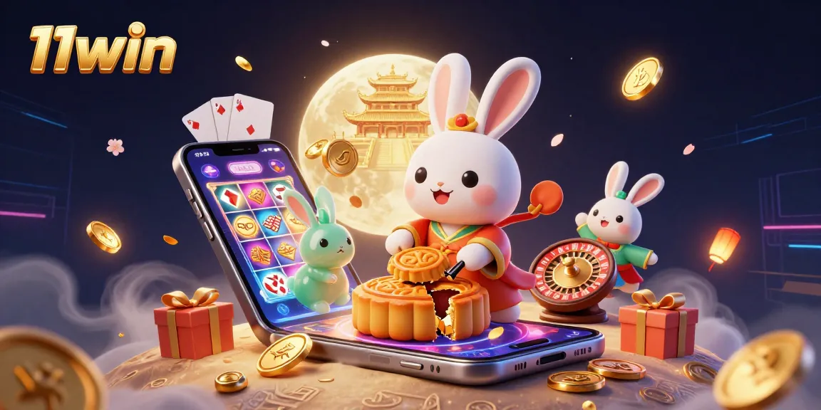 Experience 11win's captivating lunar casino world with rabbits and poker chips.