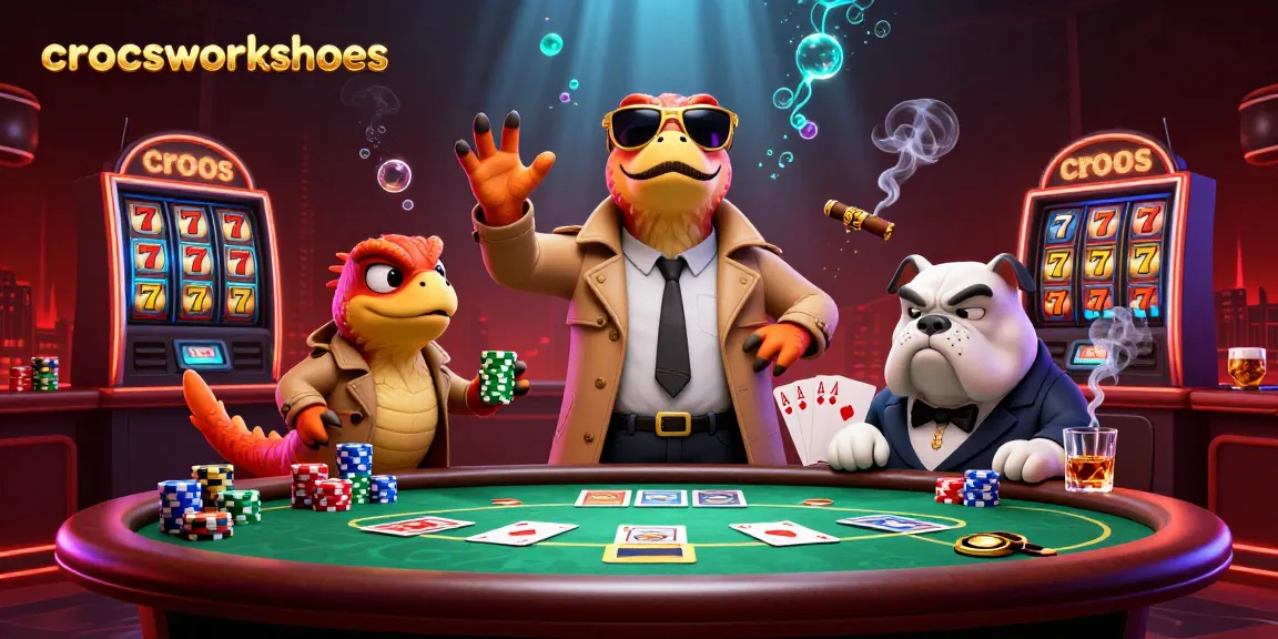 Crocsworkshoes engage in a poker showdown with raptors and a bulldog bouncer under vibrant casino lights.