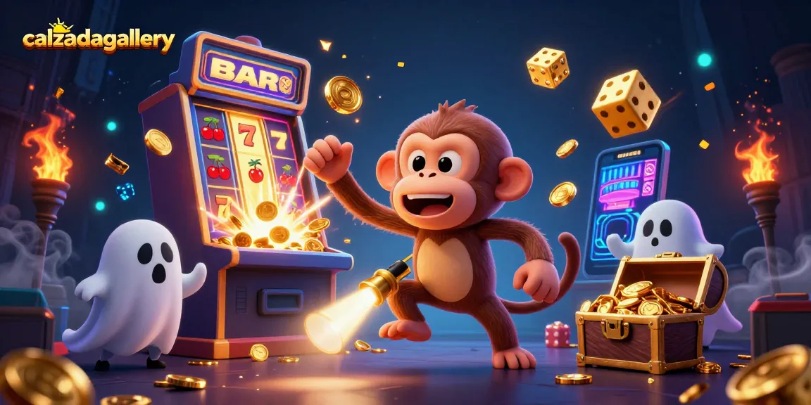 Experience the thrill of calzadagallery's haunted casino with a playful monkey and curious puppy.