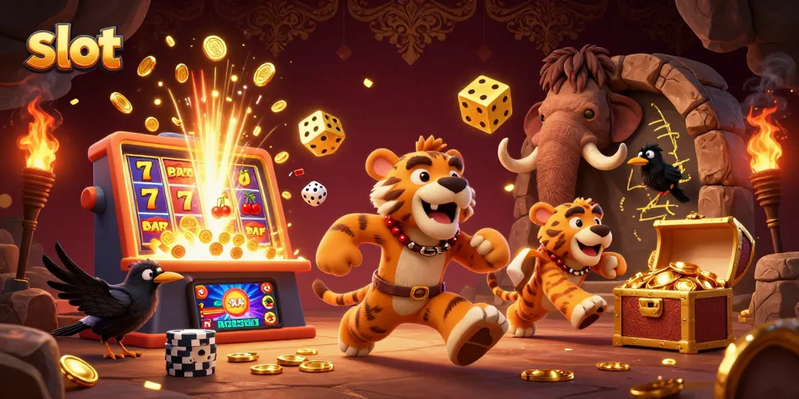 Spin the slot machines for rich jackpots in this vibrant prehistoric casino scene.